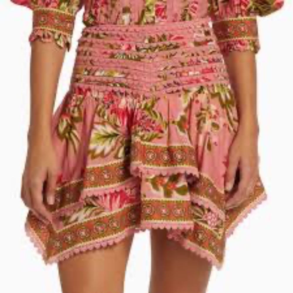 Farm Rio Aura Tiered Floral Miniskirt Size S Small cotton pink floral lace lined